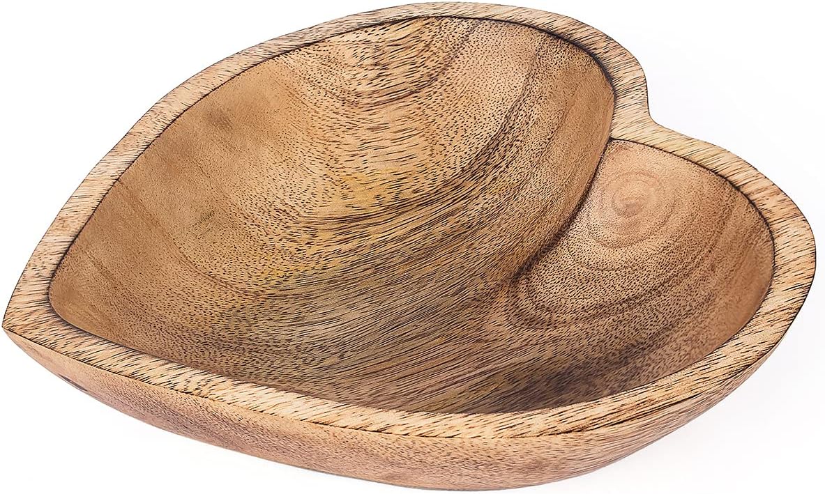 WitnyStore Heart Shaped Wood Bowl 8" Brown Handcrafted Wooden Bowls Collectible Functional Serving Tray Dish Plate Hand Made Decorative Tableware for Candy Nuts Desserts Fruit Home Décor Accents Gifts