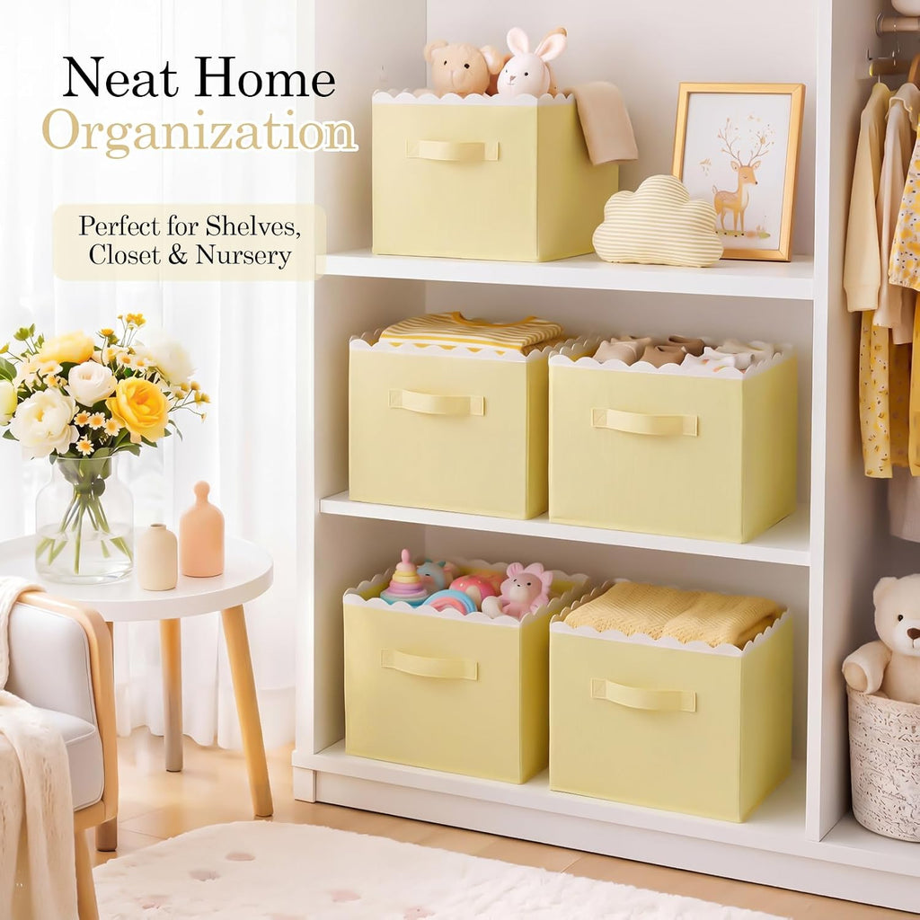 Yalikop 6 Pcs Yellow Scalloped Cube Storage Bins 11 Inch Fabric Basket