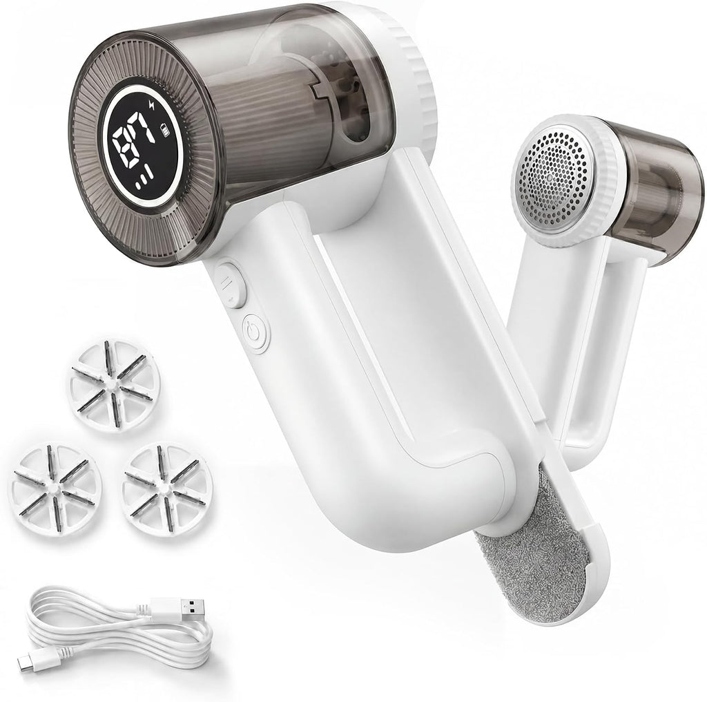 Fabric Shaver Rechargeable, 9500RPM Electric Lint Remover with 3× Stainless Steel 6-Blade Heads, 3-Speed Adjustable for Clothes, Furniture, Sofa, Blanket, LED Display, 2-in-1 Lint Brush Included