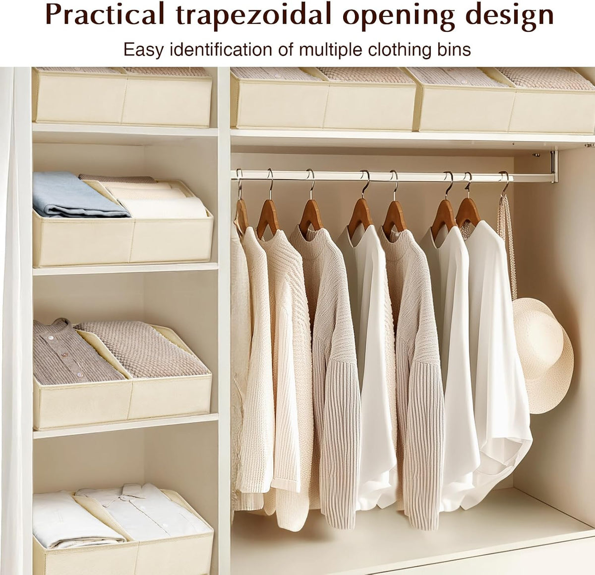 Homsorout Closet Organizers and Storage Bins - 4 Pack Collapsible Divided Trapezoidal Cube Storage Bins Baskets with Orange Handle for Organizing Clothes Blankets, Toys, Books, Towels(Beige)
