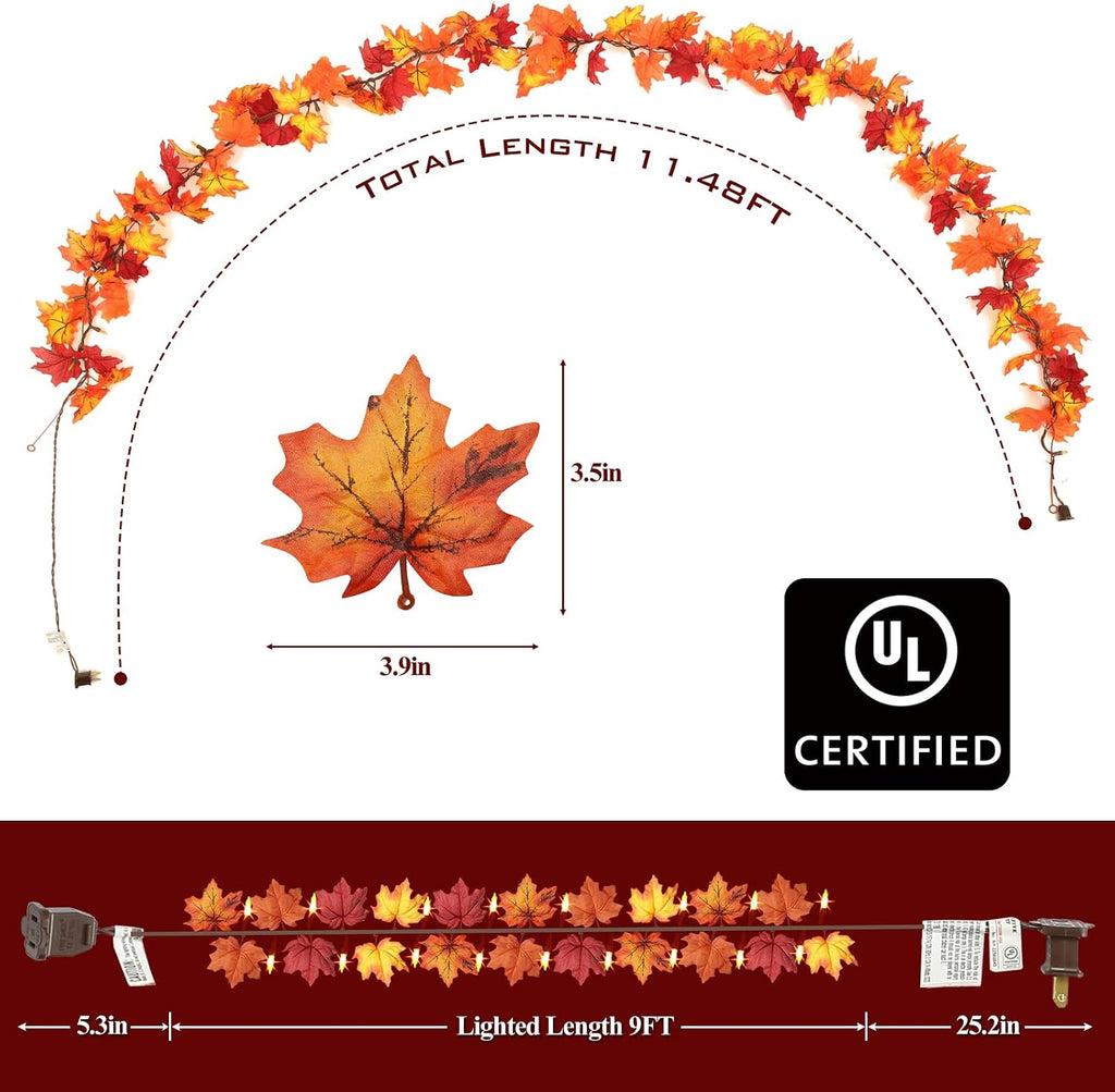 Thanksgiving Decorations Fall Maple Leaf String Lights 9FT Maple Leaves Lights 50 Orange Bulbs Lighted Fall Leaf Garland Lights Lighted Fall Garland Lights Halloween Fall Lights Indoor Outdoor