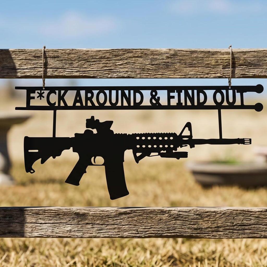 Metal No Trespassing Sign "You're In Range" Gun Metal Door, Wall or Tree Hanger Sign Decoration by GUTE,Metal Wall Art,Hanger, Gun Owners (Fck Around And Find Out)