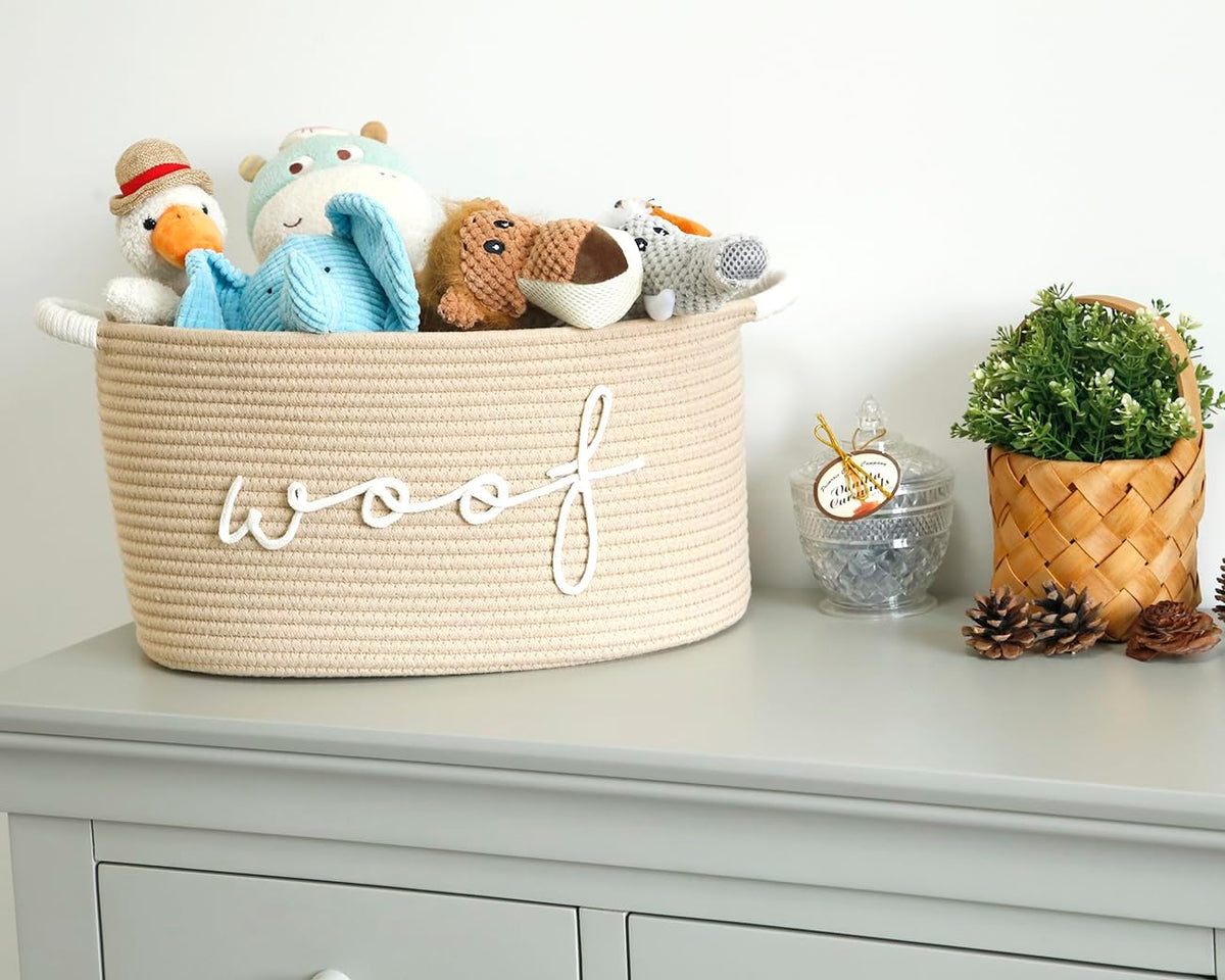 Woof Woven Rope Storage Baskets, Pet Dog Toy Bin Box Perfect for organizing Chew Toys Blankets leashes, Dog Toy holder Cotton Basket Puppy Bins