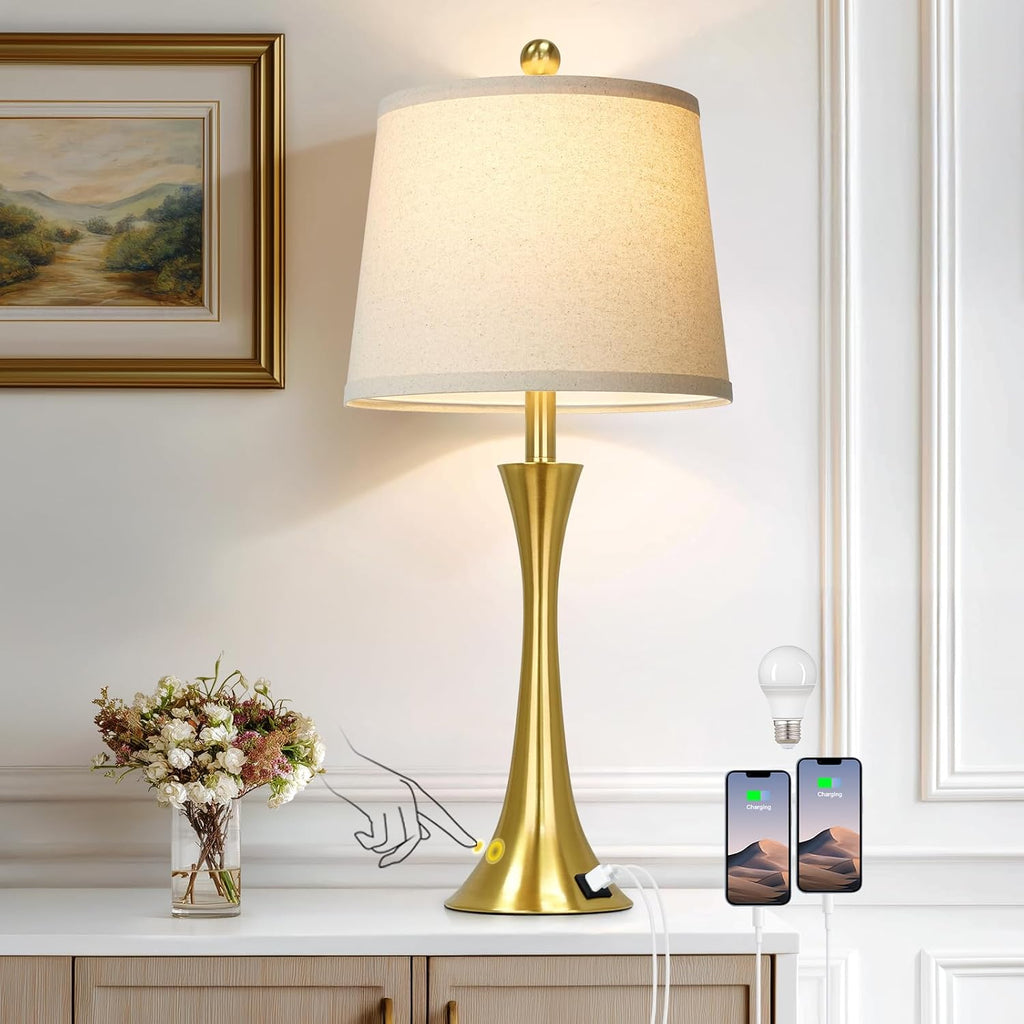 Rinweey 27.5" Gold Lamps for Living Room, Touch Control 3-Way Dimmable Bedside Nightstand Lamps Bedroom Lamp,Modern Gold Table Lamp with USB A+C Ports,Tall Lamps for Living Room End Table（1Pack）