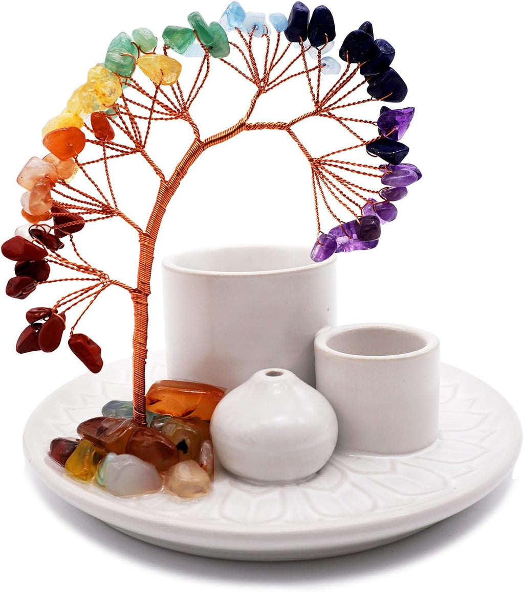 5 in 1 Incense Burner Holder with Crystal Healing Tree, Palo Santo Holder, Sage Holder, Incense Holder for Sticks/Cones/Candles, Ceramic Tray Ash Catcher for Burning Incense, Meditation Gift (White)
