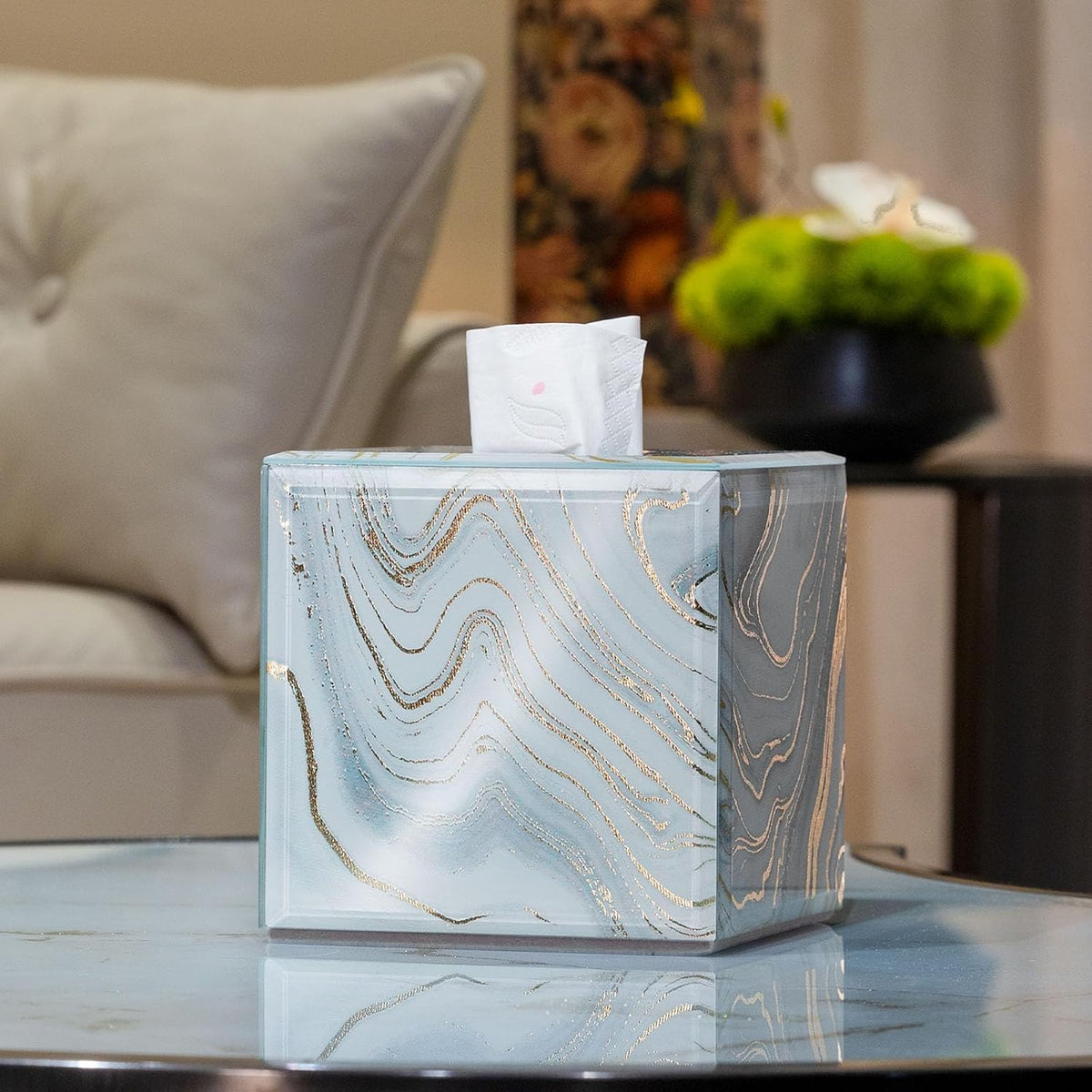 Square Marble Pattern Glass Tissue Box Cover for Table Display