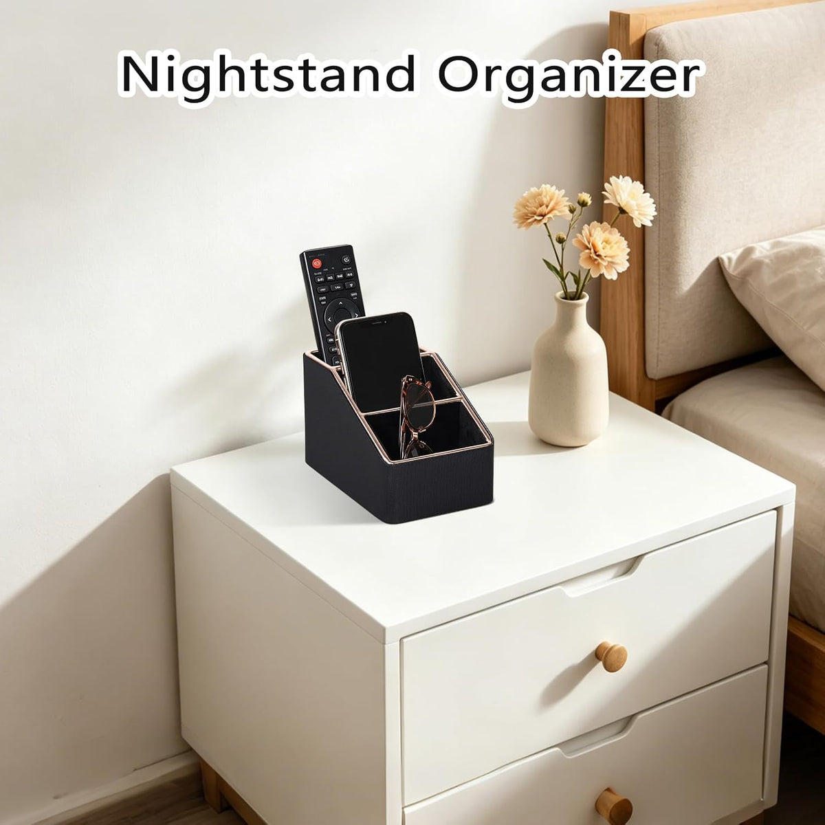Rose Gold Edge Inlaid Leather Desktop Organizer, Remote Control Holder,Nightstand Remote Caddy, Multi-Functional Storage Box for Cellphone,Pens, Makeup Brushes, Lipsticks & Small Cosmetics (Black)