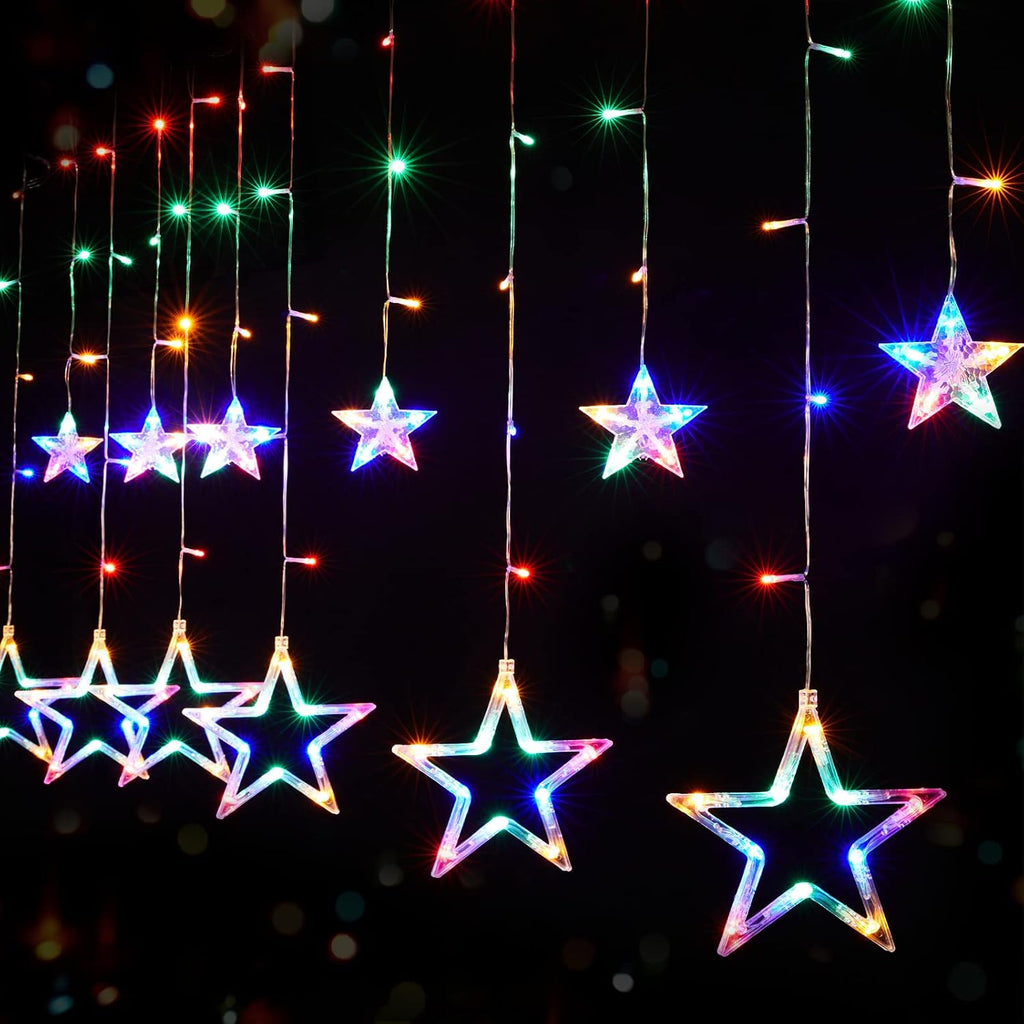 Star Curtain Lights for Bedroom - Plug-in 9ft 138 LED Fairy Twinkle Lights with 12 Star Drops, Connectable Window Lights with Remote 8 Lighting Modes for Indoor Xmas Ramadan Decoration, Multicolored