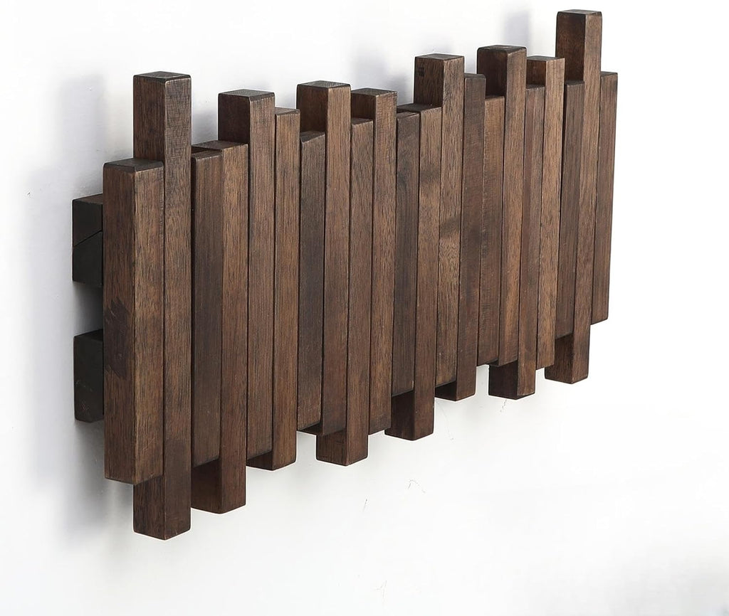 Wall Mounted Piano Coat Rack| Coat Rack Wall Mount| Flip Down Hook Rack 5 Hooks| Entryway Wall Art Hook,Made of Acacia Wood (Wood Wax Oil Dyed Walnut Color).Wall Art
