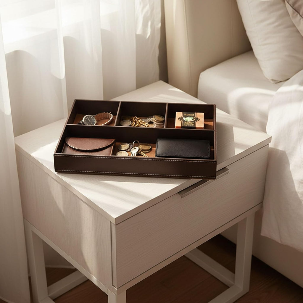 Leather Valet Organizer Nightstand & Dresser Storage Tray (Brown)