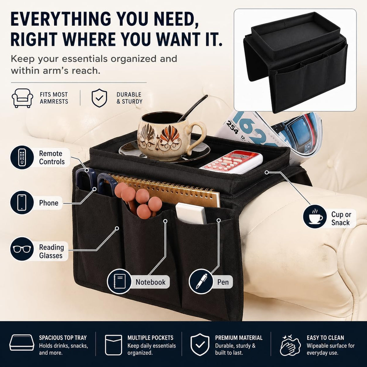 Dependable Industries inc. Essentials Sofa Armrest Organizer with Table - 5 Pockets, Anti-Slip Bottom, TV Remote Holder - Drapes Over Sofa Arm Relaxation and Convenience