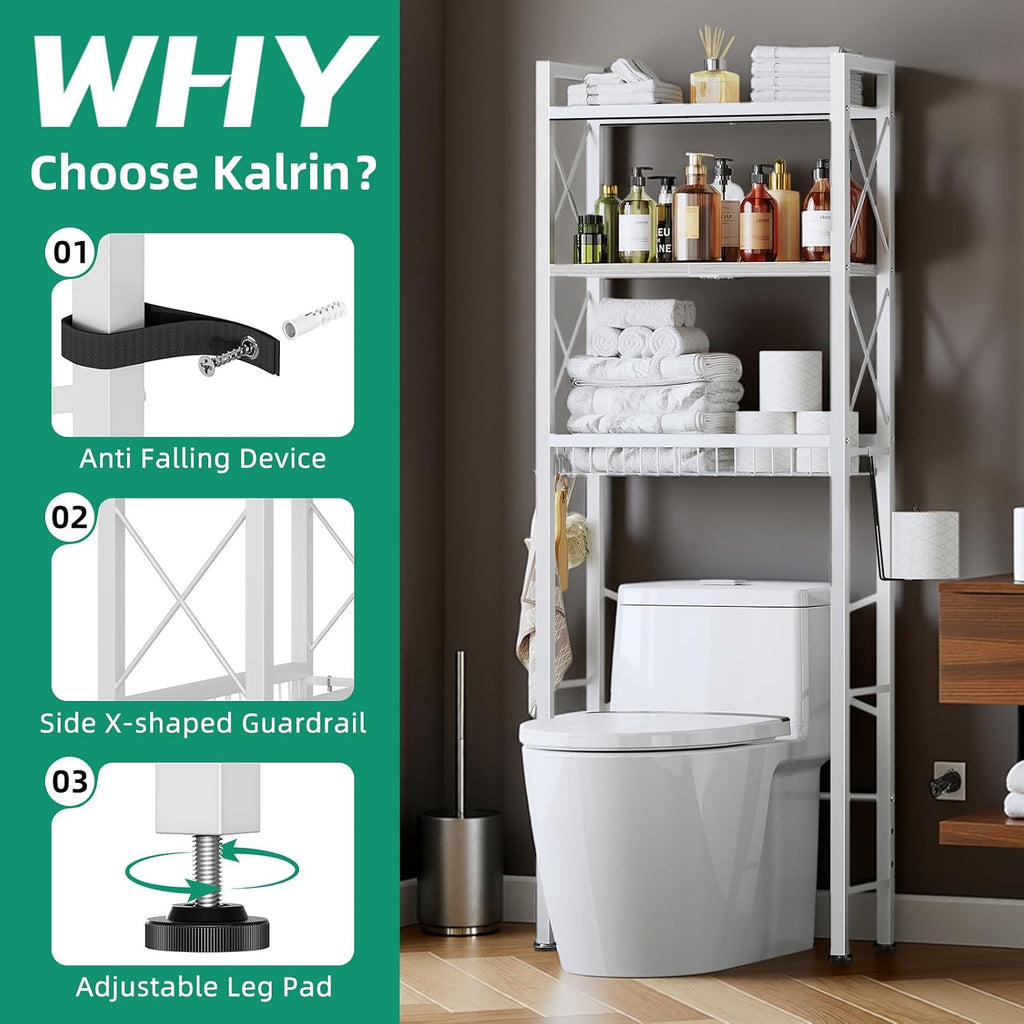 Kalrin Over The Toilet Storage with X Shape Side Guardrail, 3-Tier Over Toilet Storage Rack with Drain Basket, Freestanding Bathroom Organizer for Balcony Laundry, Pure White
