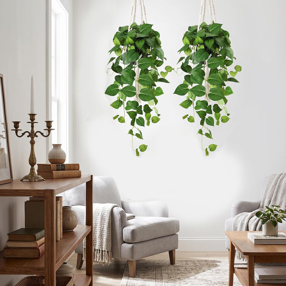 CEWOR Fake Plants Indoor 2 Packs 33" Fake Pothos Hanging Plants with Plastic Pot for Home Office Indoor Decor (Green)