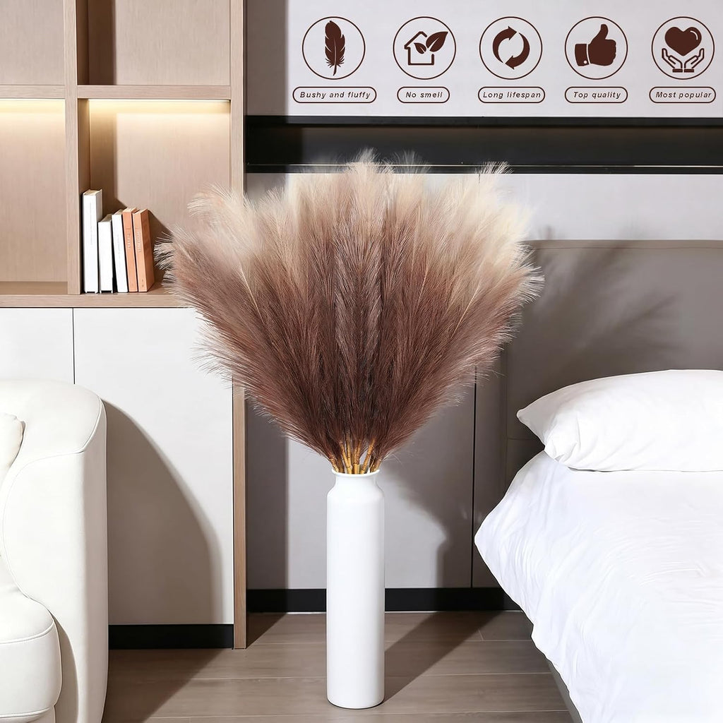 KALYLOC 8Pcs 3FT Coffee Faux Pampas Grass, Tall Fluffy Artificial Bulrush