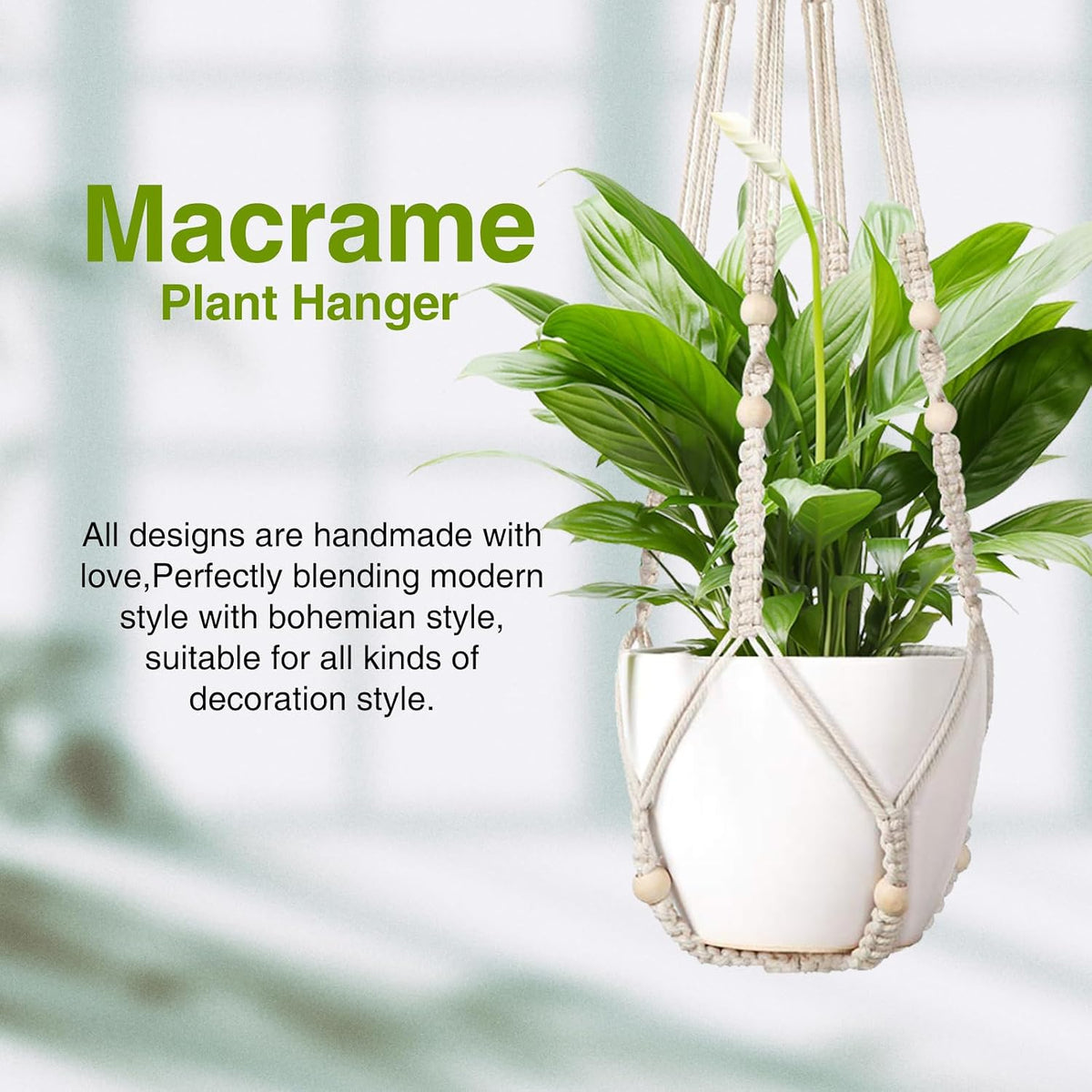 LEWESU Macrame Plant Hanger Indoor Set of 4 with 8 Hooks, Indoor Outdoor Hanging Planter for Plants Holder with Decorative Wood Beads & No Tassels, Boho Home Decor, 35 Inch Ivory (Pots Not Included)