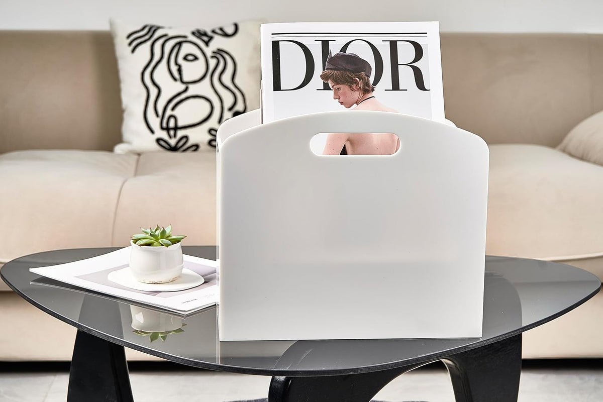 White Magazine Holder - Acrylic Magazine Rack Floor, Newspaper Stand with handles, Modern Lucite Magazine and Book Basket Box for Bathroom, Bedroom, Living Room
