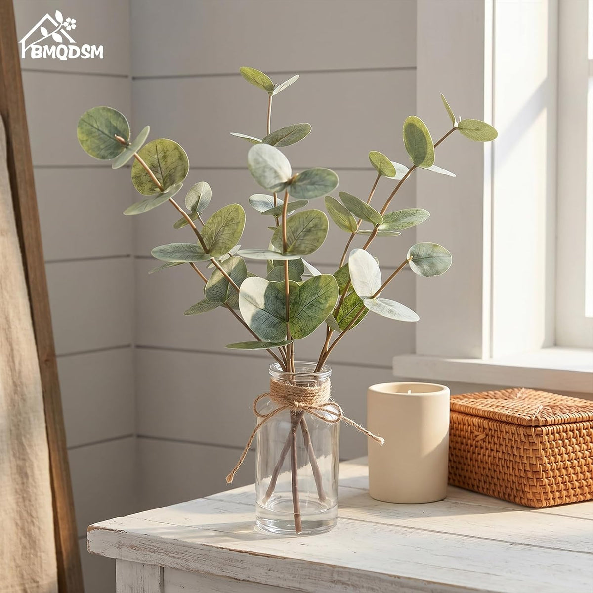 Artificial Eucalyptus Stems in Glass Vase with Faux Water,13.5" Fake Plants for Bathroom Shelf Decor, Farmhouse Centerpieces for Tables, Small Desk Plants for Home Office Decor (Green)