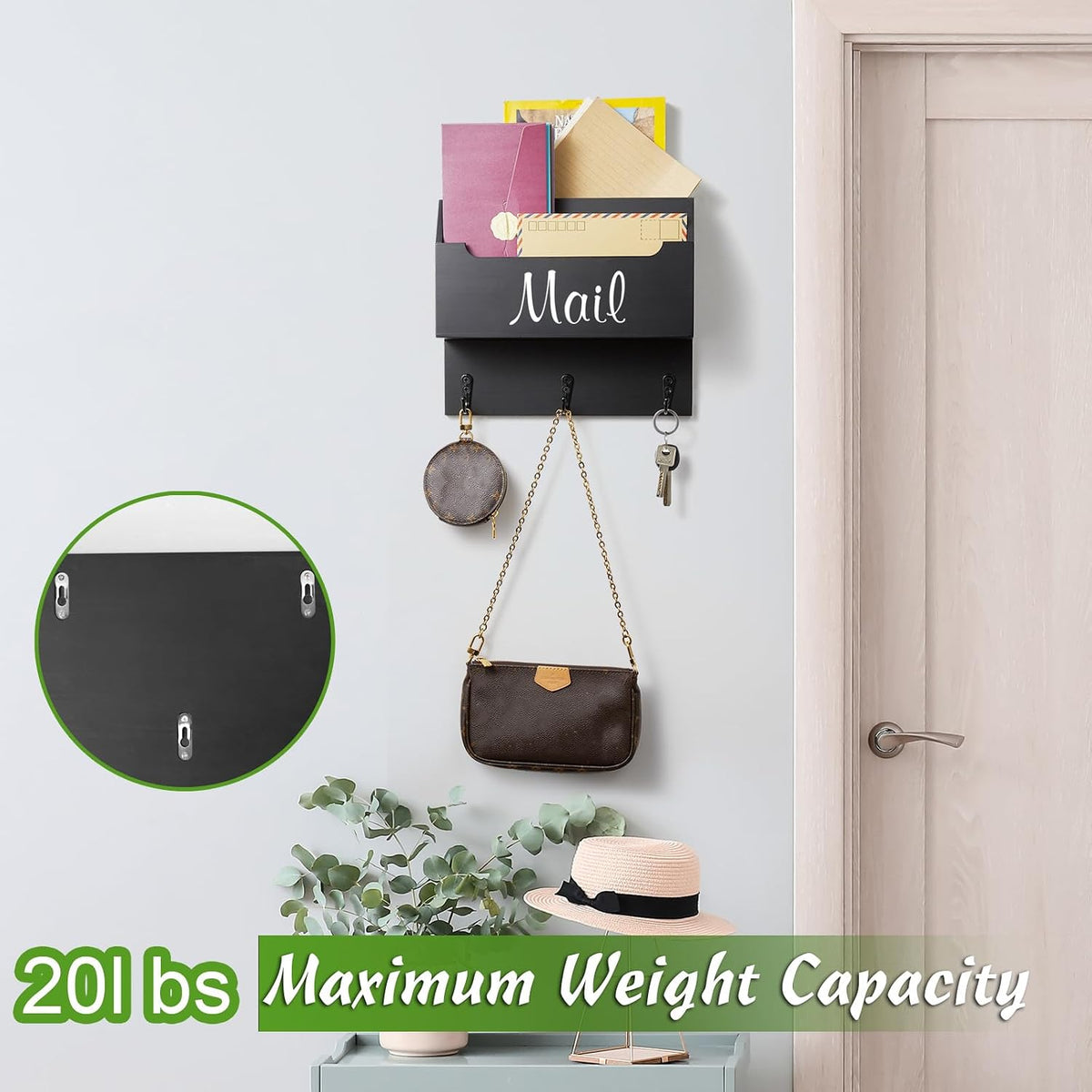 DRASTAR Mail Organizer Wall Mounted, Wooden Mail Sorter & Key Holder for Wall, Hanging Mail Organizer, Black Mail Basket for Home Office