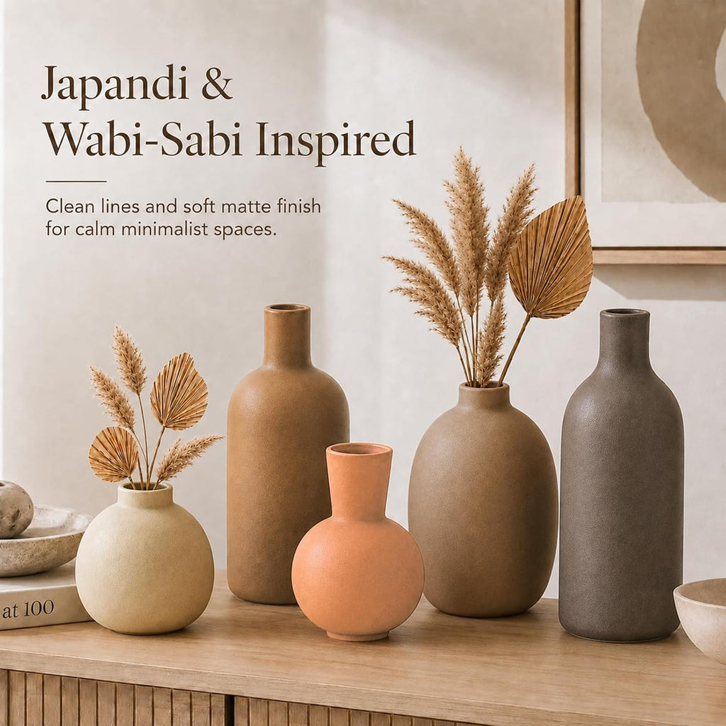 Small Neutral Ceramic Vase Set – Cute 5 Matte Earth-Tone Vases for Japandi, Scandinavian, or Minimalist Home Decor, Table, Entryway, Shelf & Mantel Styling
