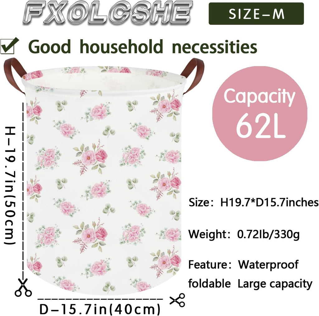 Pink Flower Laundry Basket,Nursery Baskets Girl Baby Storage Bins,Baby Girls Nursery Hamper,Waterproof foldable laundry basket,Gift Baskets,Pink Rose room Decor(Pink Rose)