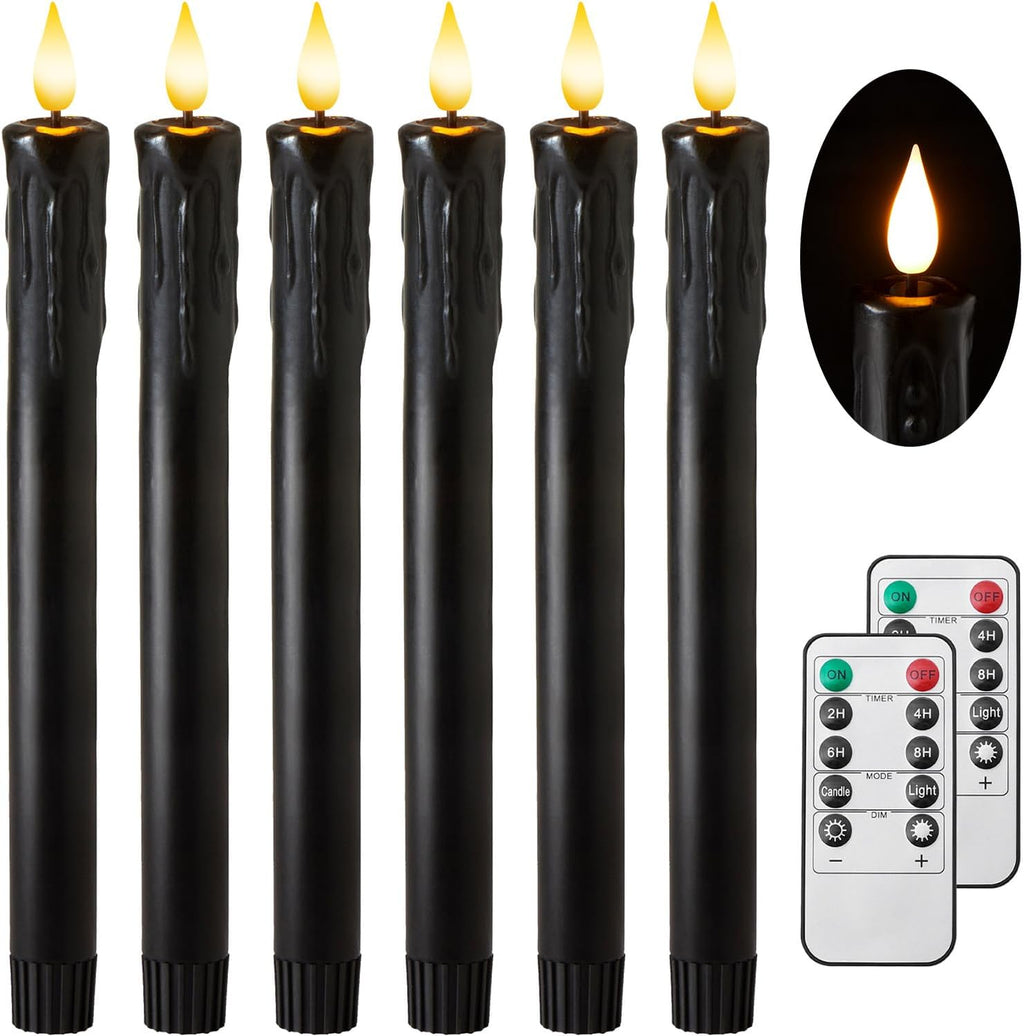 Halloween Decor, Wax Drip Black Flameless Taper Candles with Remote, 6 Pack