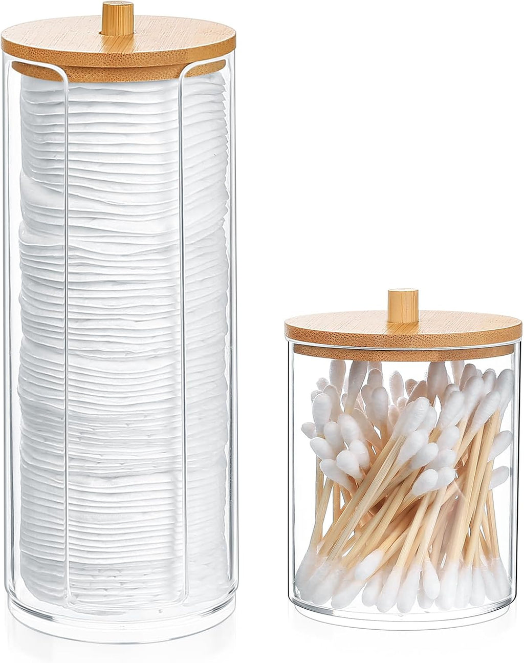 2 Pcs Qtip Holder, Cotton Pads Balls Dispenser Holders, Clear Cotton Swab Makeup Canister, Apothecary Jar Holder Organizer with Bamboo Lid for Bathroom Tabletop Vanity Makeup Storage Box