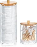 2 Pcs Qtip Holder, Cotton Pads Balls Dispenser Holders, Clear Cotton Swab Makeup Canister, Apothecary Jar Holder Organizer with Bamboo Lid for Bathroom Tabletop Vanity Makeup Storage Box
