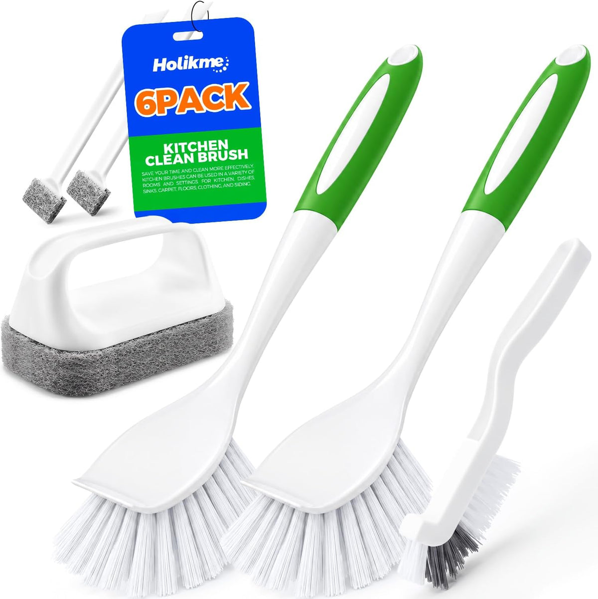 Holikme 6 Pack Dish Brush Set with Handle for Cleaning, Green