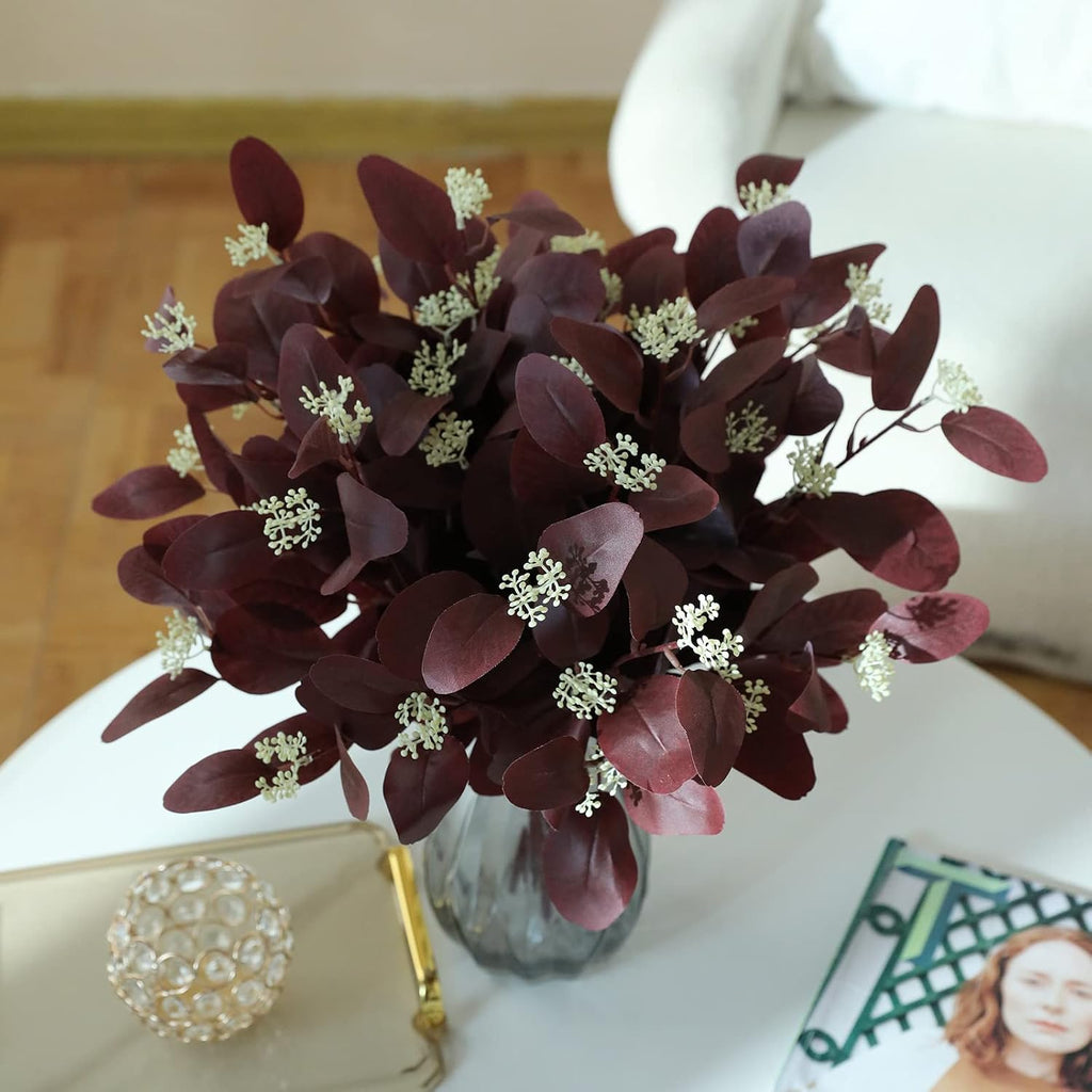 dallisten 20" Silk Artificial Eucalyptus Stems, 12Pcs Fake Eucalyptus Stem with Leaves Berries, Greenery Plants Floral Decorations for Wedding Party Flowers Arrangement Home Decor (Burgundy)