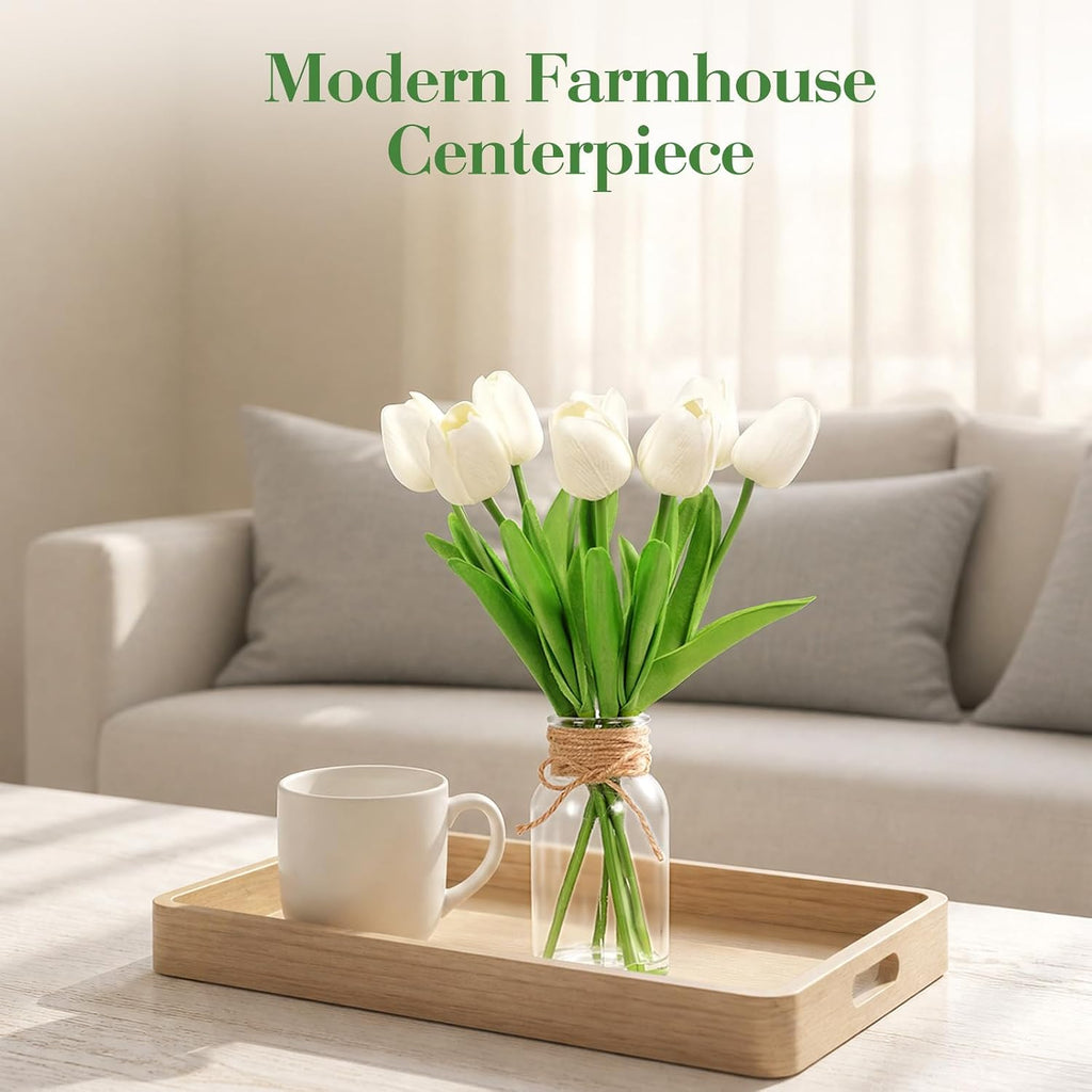 8Pcs White Tulips Artificial Flowers in Vase with Faux Water, Faux Tulips for Kitchen, Bathroom,Table, Desk, Centerpieces, Fake Flowers for Farmhouse Wedding Wall Room Decor（1 Pack）