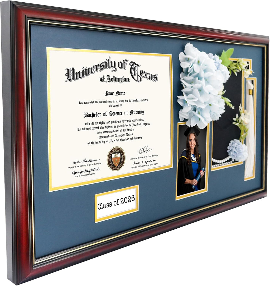 GraduationMall Class of 2026 Graduation Shadow Box Frame for 8.5x11 Diploma, 4x6 Picture with Cap & Tassel Holder, Cherry Wood Display Case with Navy Gold Mat