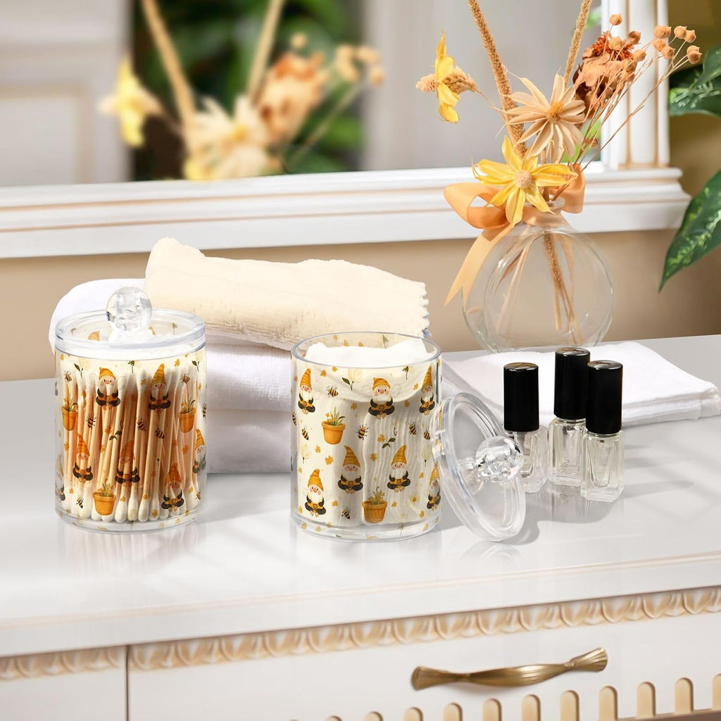 Gredecor Qtip Holder Dispenser 2 Pack Gnome Bees Flying Dwarf Daisy Apothecary Jars with Lids Bathroom Vanity Countertop Canister Storage Organizer for Cotton Ball,Swabs,Pads,Floss