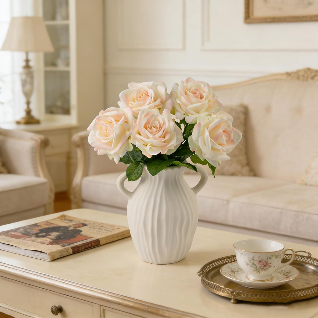 Real Touch Artificial Roses, 5Pcs Light Champagne Faux Silk Flowers