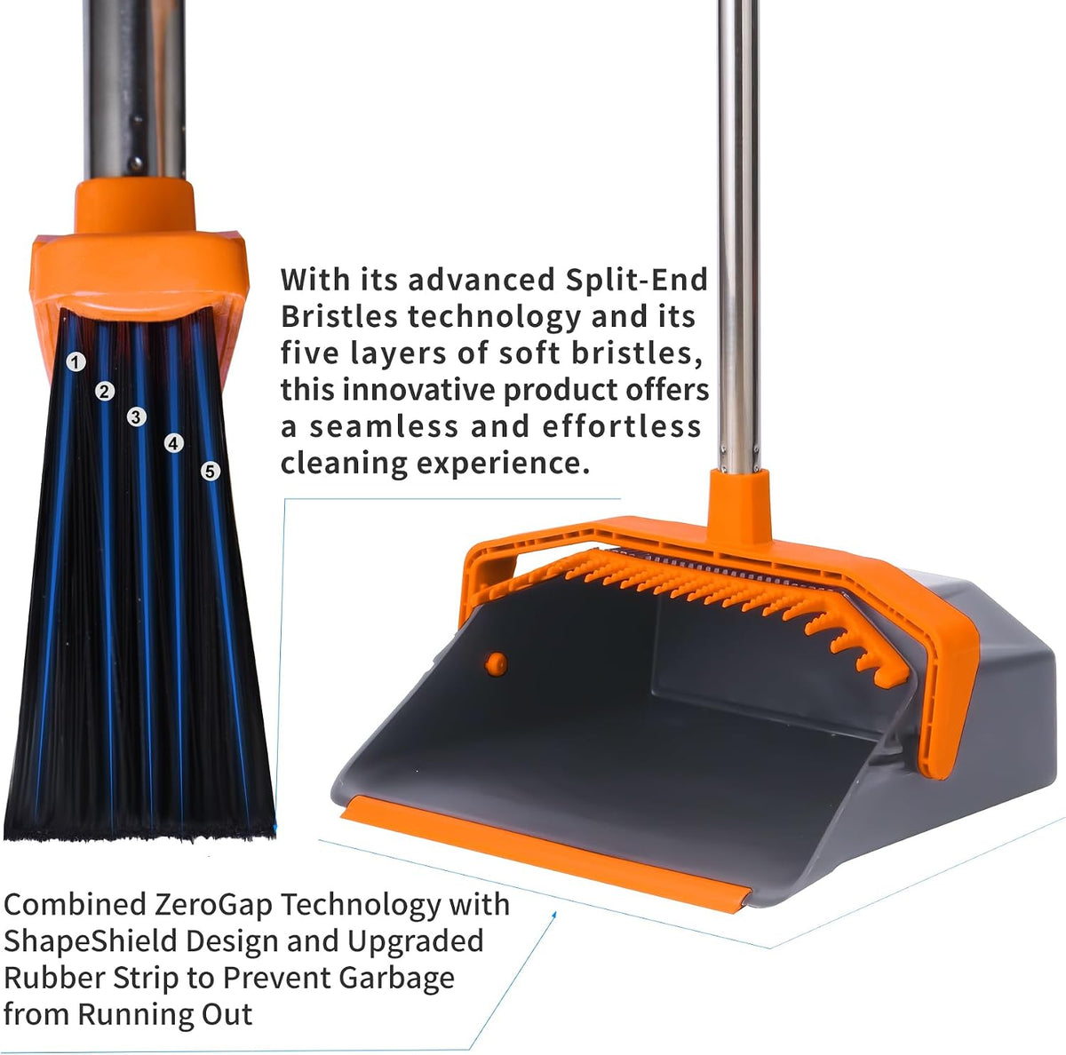 Broom and Dustpan Set for Home, 51" Long Handle Standing Pan Grey Orange