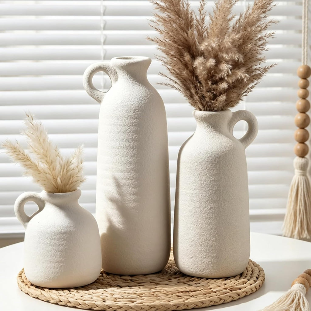 White Ceramic Vase Set of 3 with Handle, Waterproof Vases for Pampas Grass