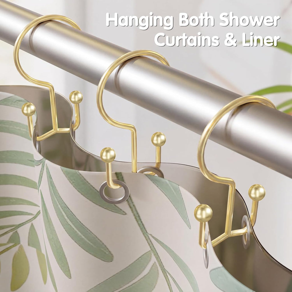 OEH Shower Curtain Hooks, Metal Shower Curtain Rings, Gold Shower Curtain Hooks Rust Proof, Double Shower Rings for Curtain, Easy Install Anti-Drop Shower Hooks for Shower Curtain (Gold, 12 Pack)