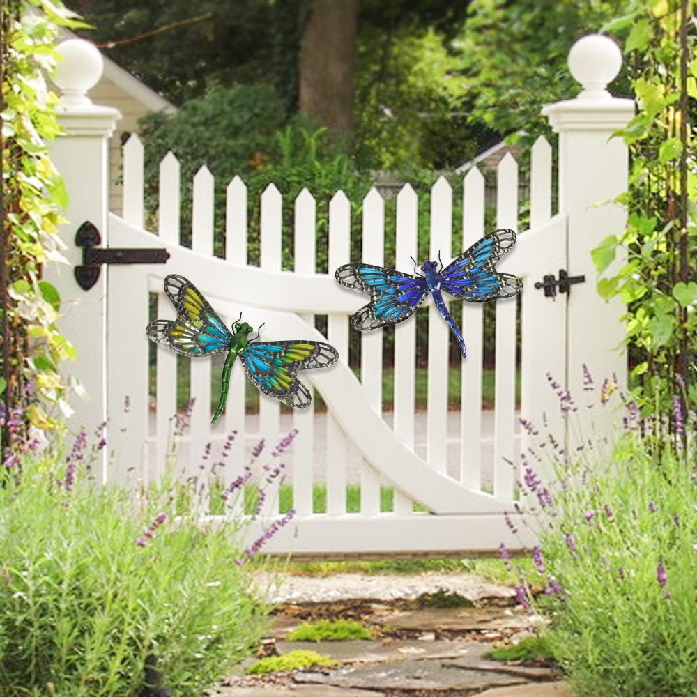 HONGLAND 2Pcs Metal Dragonfly Wall Decor Outdoor Dragonfly Wall Art Glass Sculpture for Home Garden Fence-Blue&Green