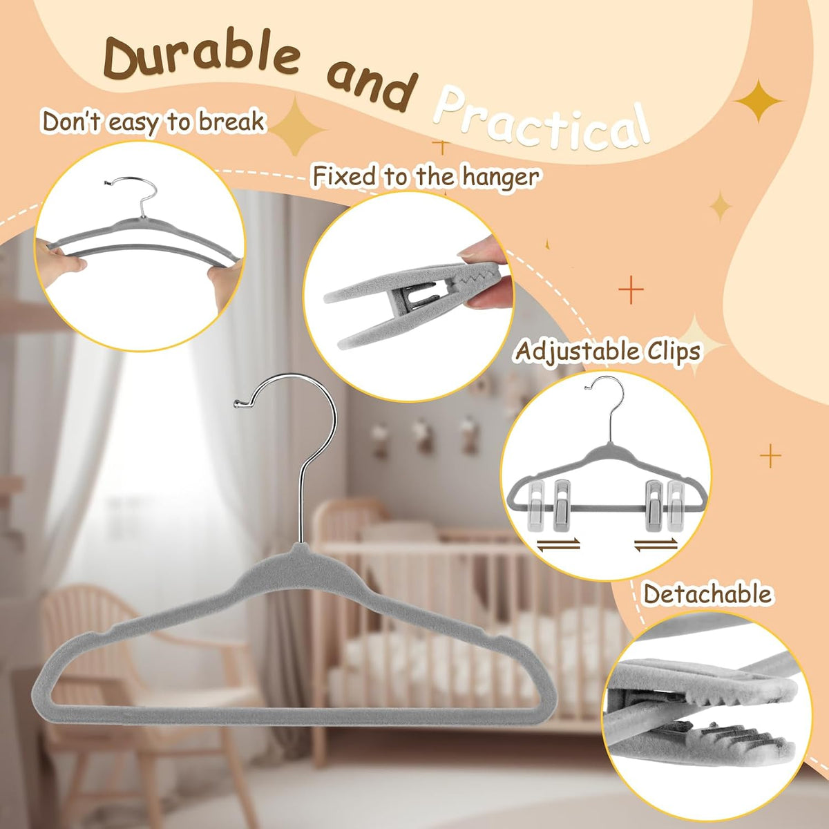 Soaoo 20 Pcs Grey Velvet Kids Hangers with Clips, 11 Inch Non-Slip Slim