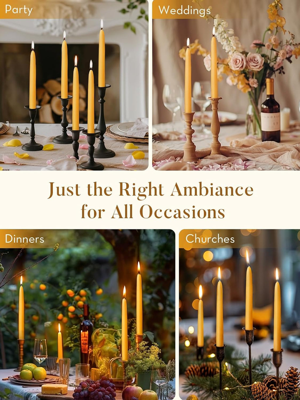 Ashlux Beeswax Taper Candles, 24 Pack Candle Sticks 8 Inch in Yellow