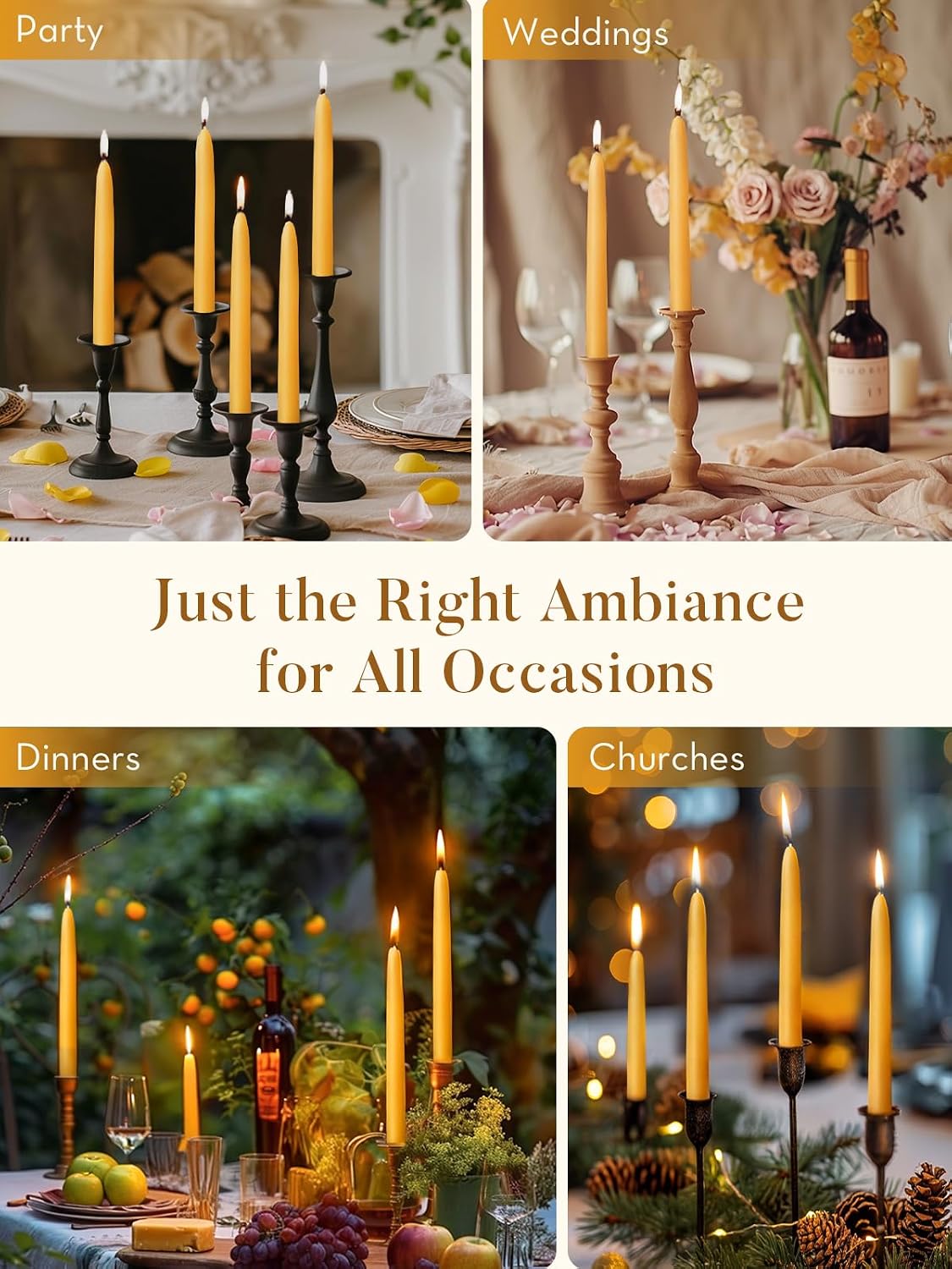 Ashlux Beeswax Taper Candles, 24 Pack Candle Sticks 8 Inch in Yellow