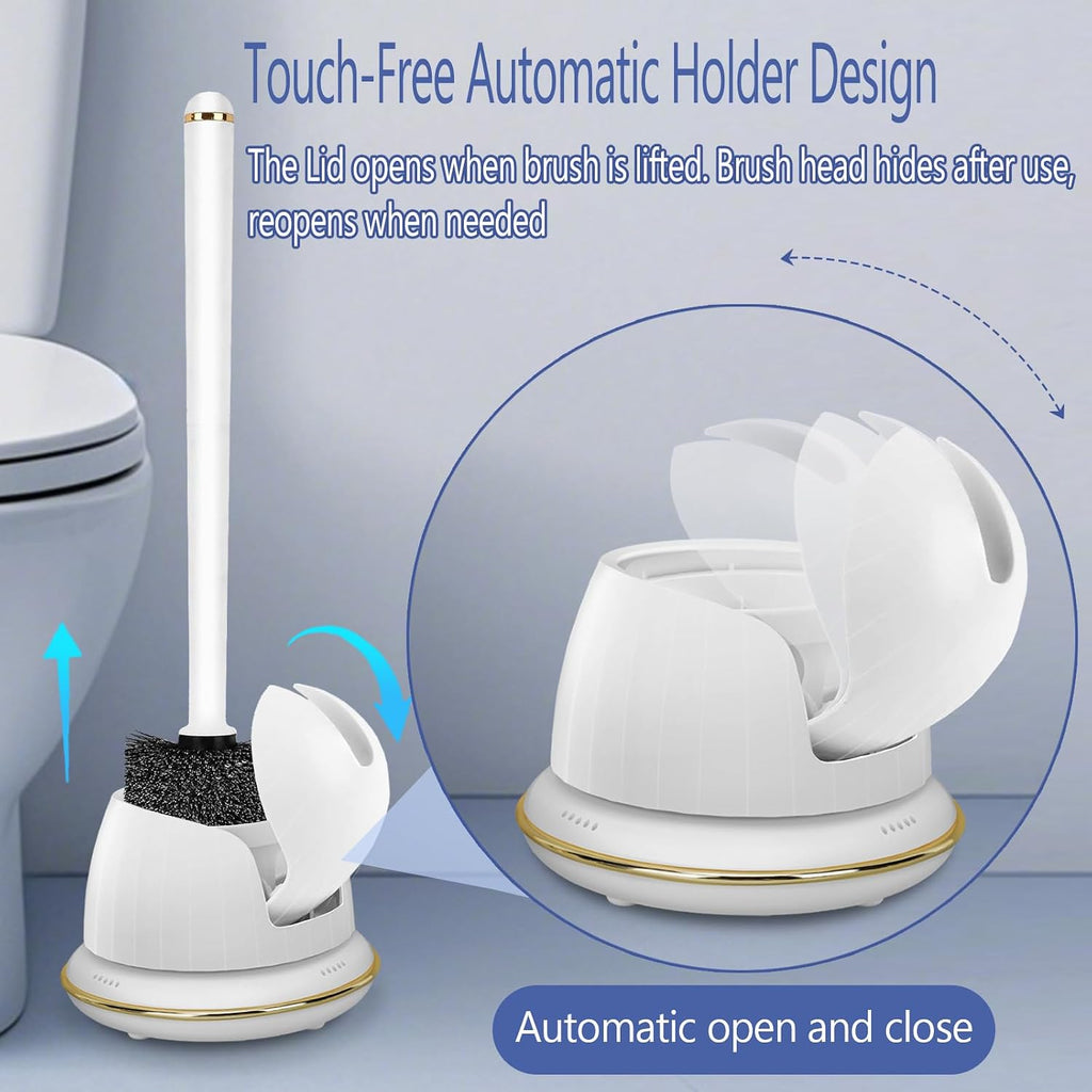 Gold Toilet Brush and Holder Set, Auto-Open Lid, Ventilated Base, White