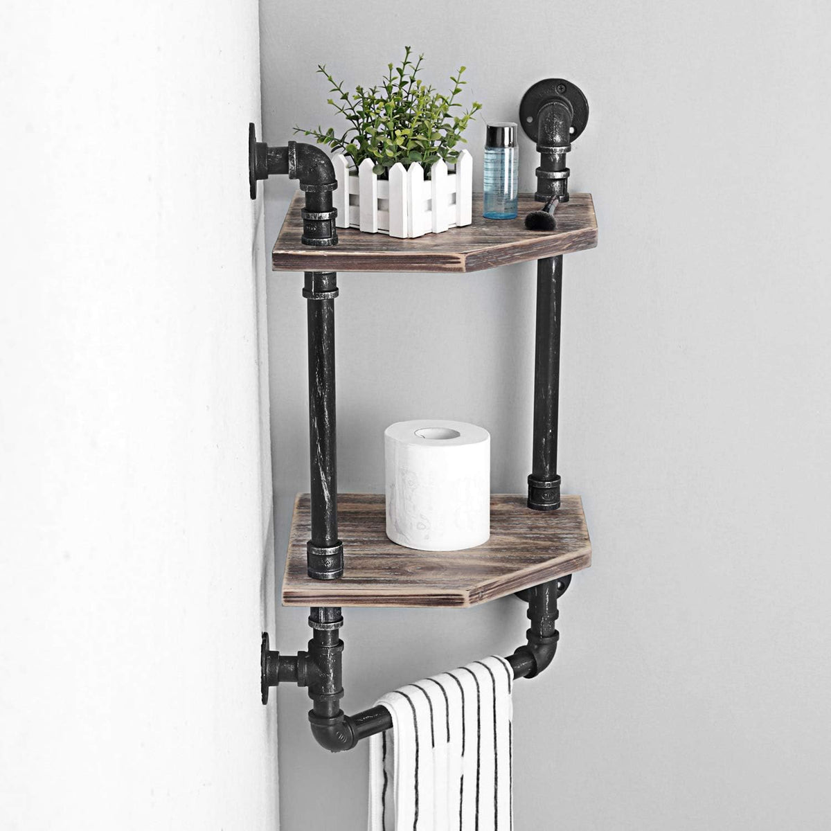 MBQQ Industrial Pipe Shelf,Rustic Corner Shelves with Towel Bar,Bathroom Shelves Wall Mounted,2 Tiered Metal&Real Wood Home Decor Floating Shelves