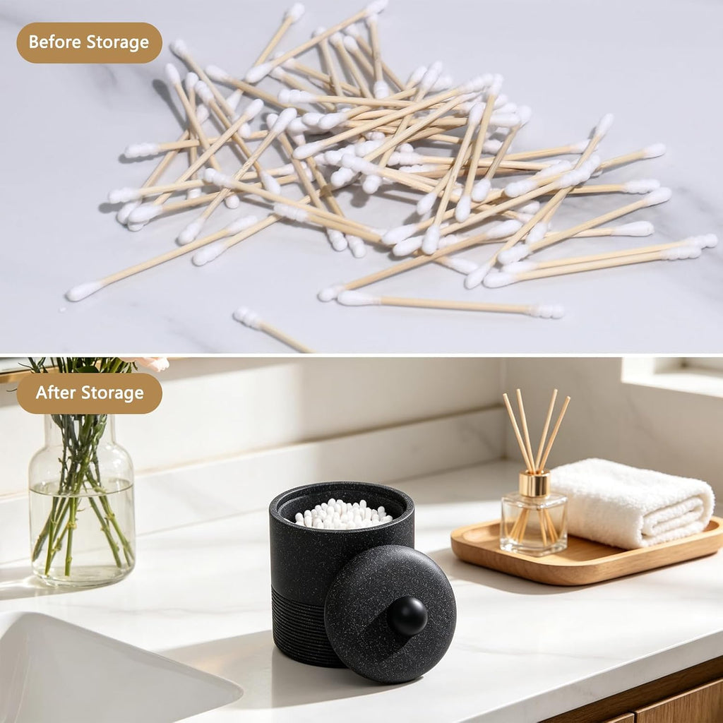 Lidded Qtip Holder, Durable Resin Qtip Container, Bathroom Cotton Swab Container Suitable for Cotton Swabs, Makeup Pads, Dental Floss Picks, Makeup Sponges, And Small Bathroom Accessories (Black)