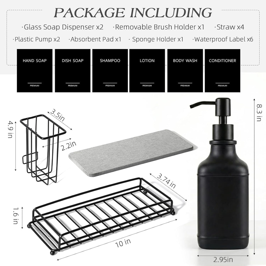 Kitchen Soap Dispenser Set, Hand and Dish Soap Dispenser Set with Sponge Holder, Dish Soap Dispenser with Instant Dry Tray for Kitchen, 17 fl oz Black Glass Soap Dispenser with Pump