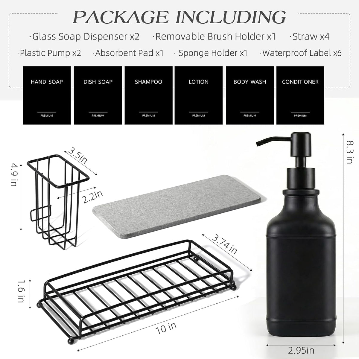 Kitchen Soap Dispenser Set, Hand and Dish Soap Dispenser Set with Sponge Holder, Dish Soap Dispenser with Instant Dry Tray for Kitchen, 17 fl oz Black Glass Soap Dispenser with Pump