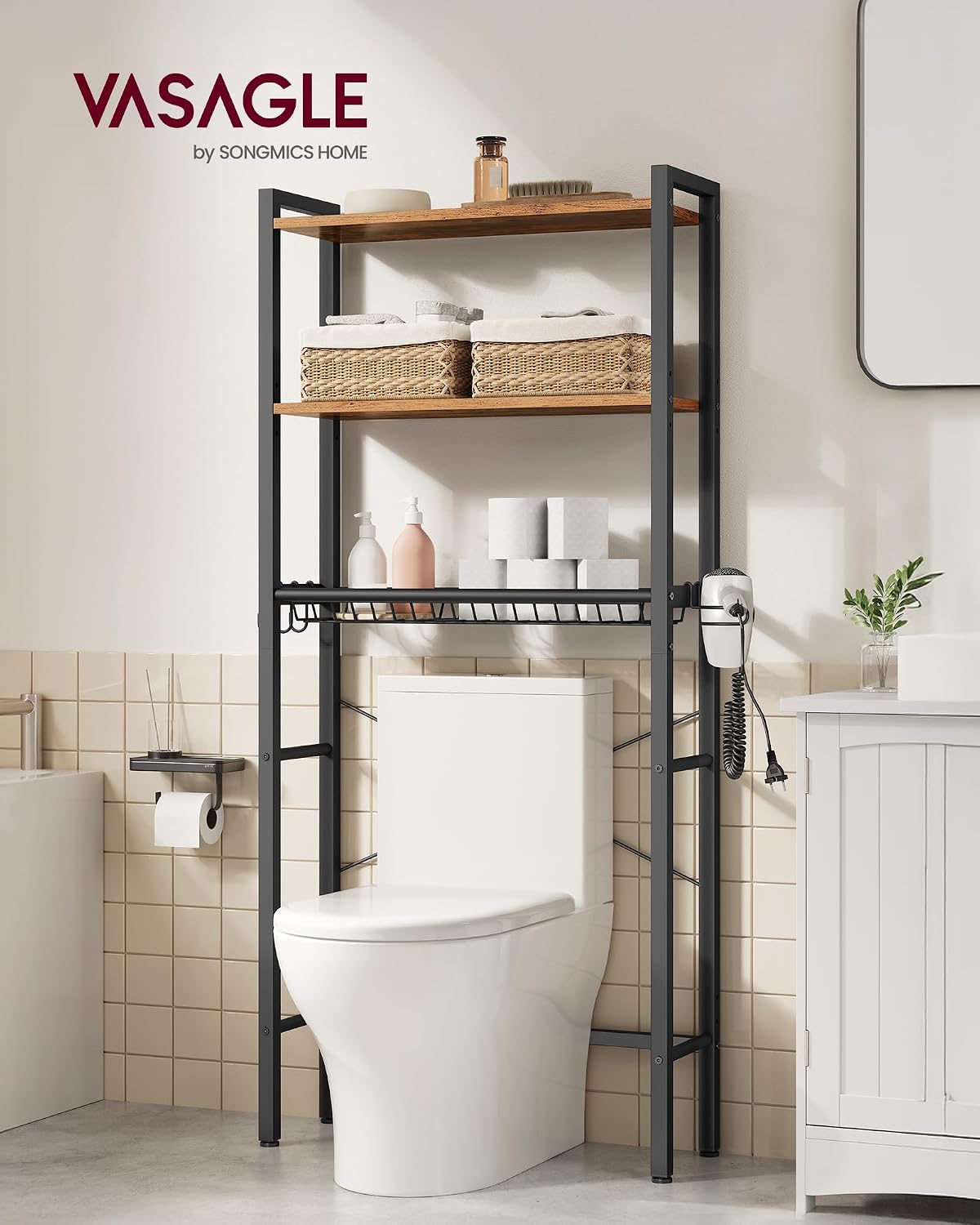 VASAGLE 3-Tier Over the Toilet Storage, Adjustable Shelves, Basket, 63''H