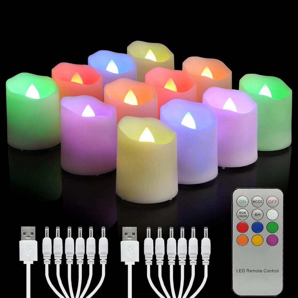FPOO RGB Rechargeable Flameless Tea Lights Candles, Timer & Remote, 12PCS