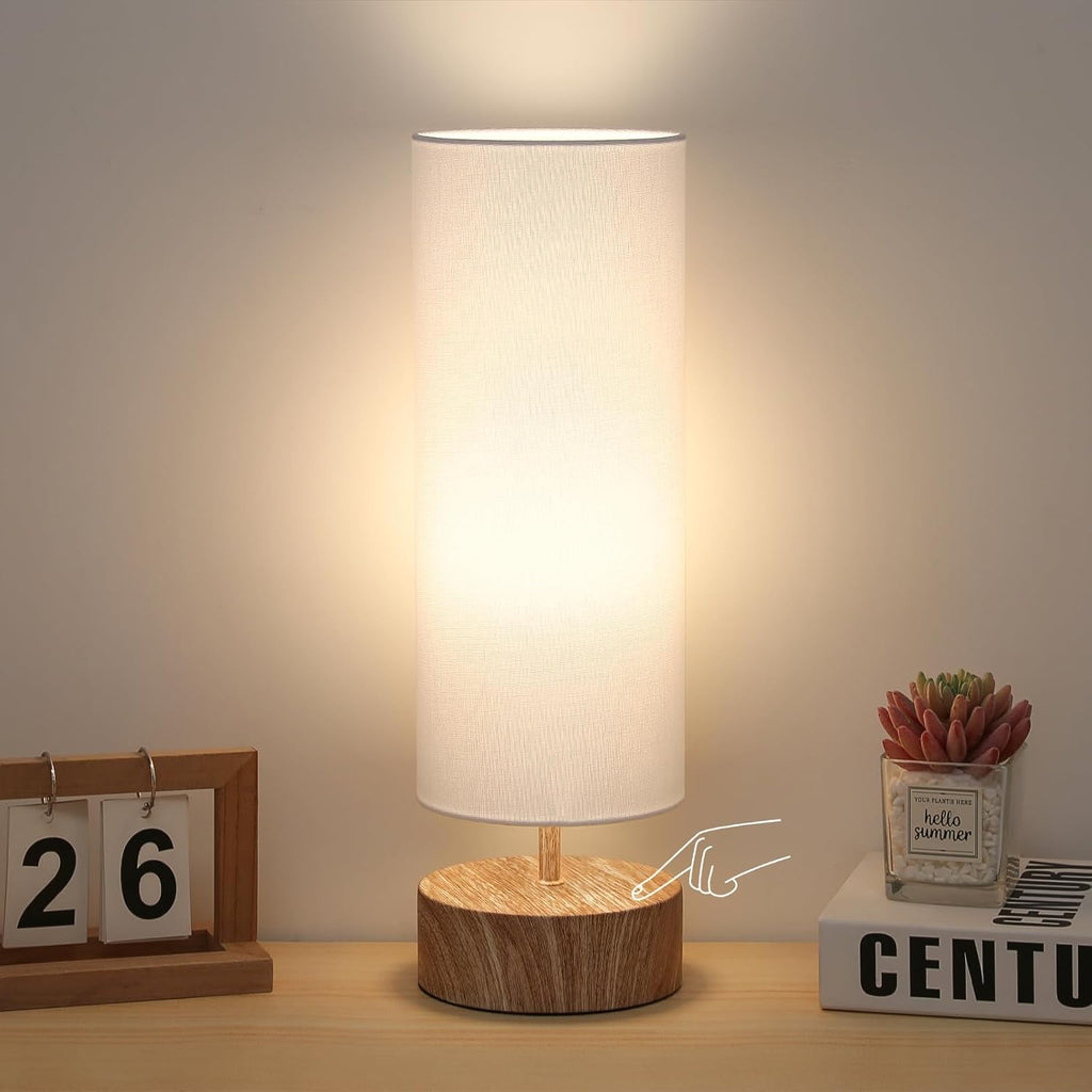 Touch Table Lamp with Wood Grain Metal Base, 3 Way Dimmable Bedside Lamp