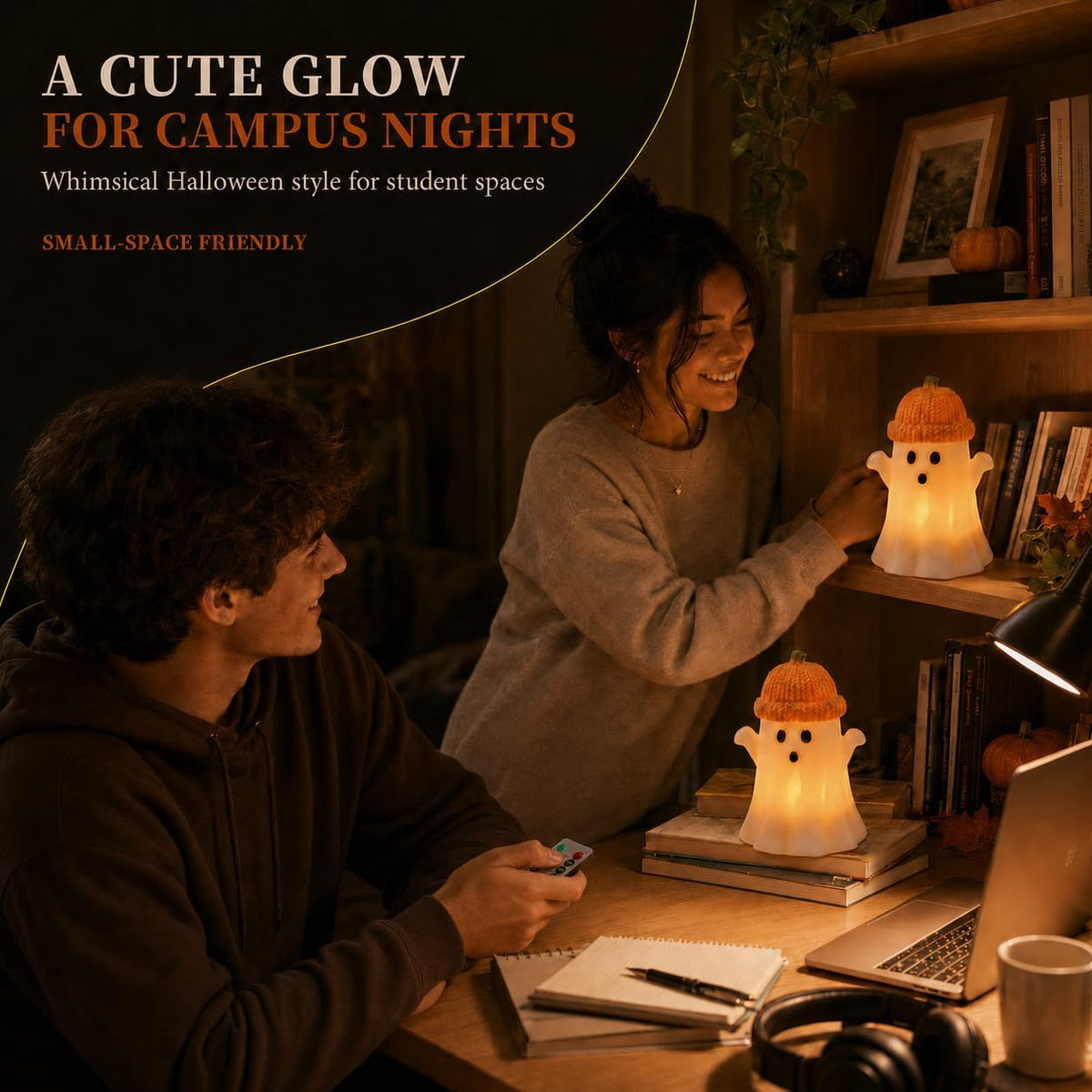Enido Ghost with Pumpkin Hat Flameless Candles with Remote, Set of 2 Cute Real Wax LED Halloween Candles, Battery Operated Tea Lights, 2/4/6/8H Timer for Kids Room, Fall Tiered Tray Decor