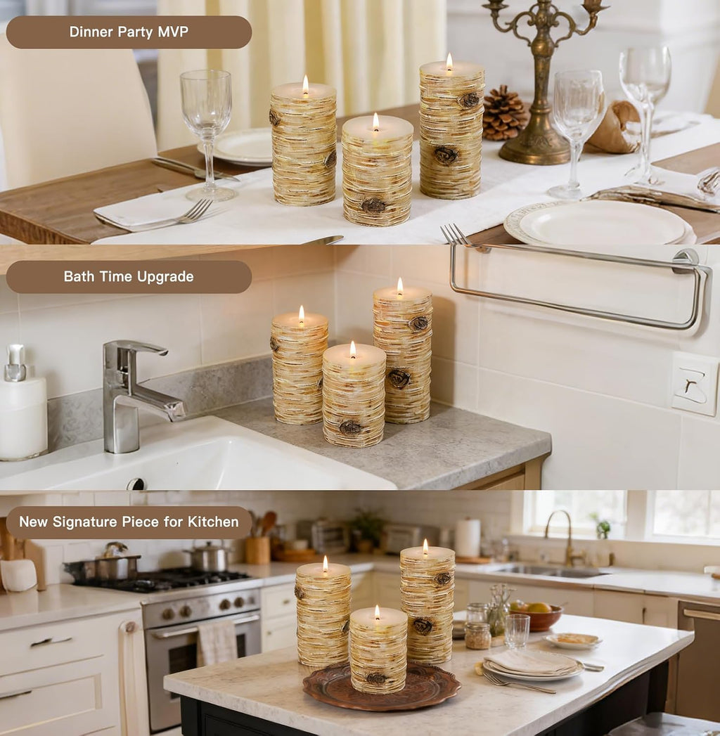 Birch Bark Pillar Candle Set of 3, Real Wax Fireplace Decor Candles